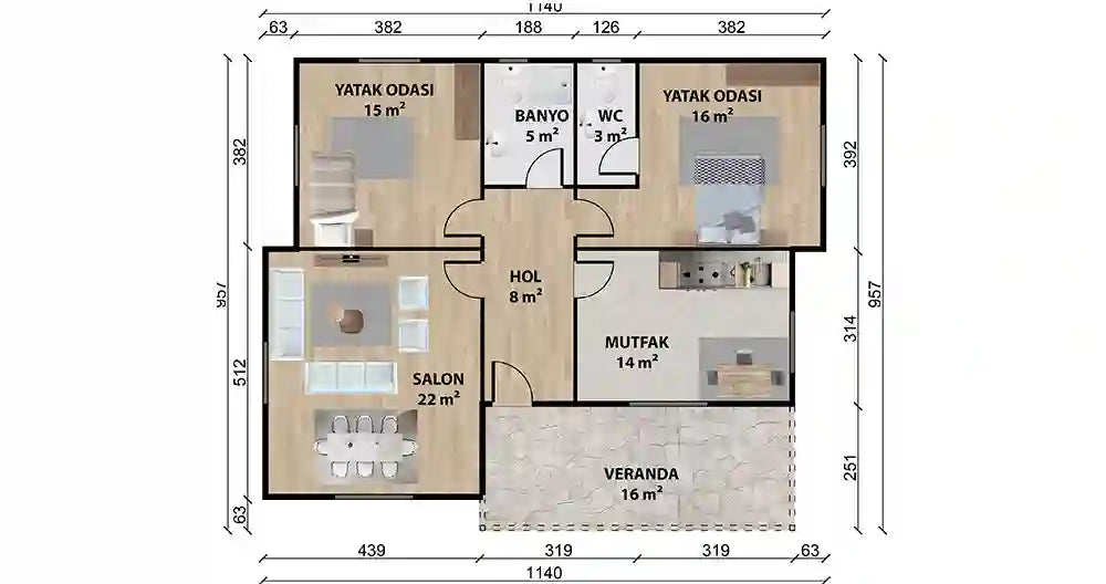 Tek Katlı 100 m² Prefabrik Ev