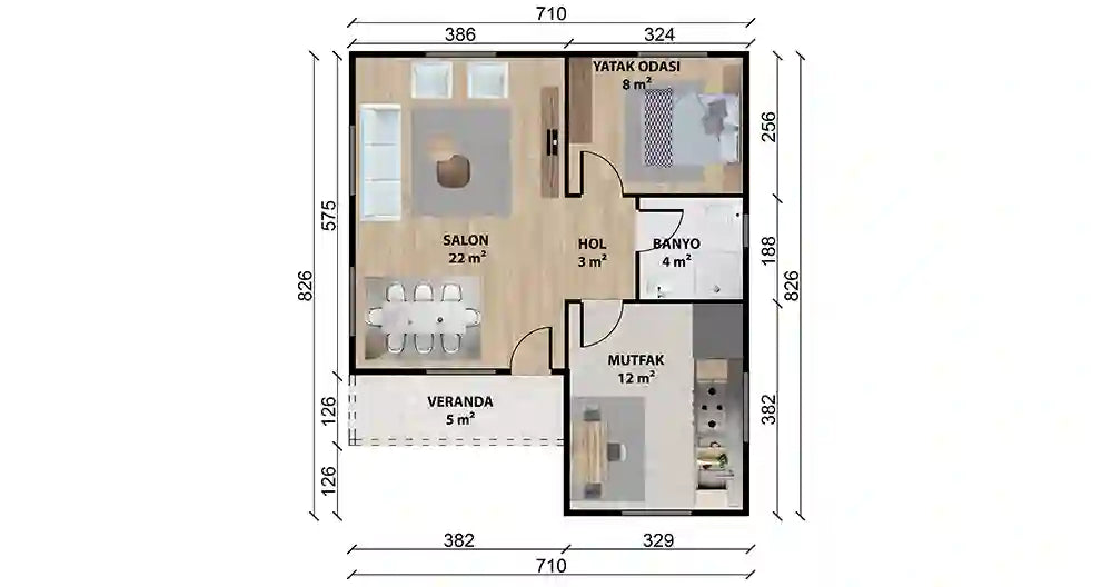 Tek Katlı 54 m² Prefabrik Ev
