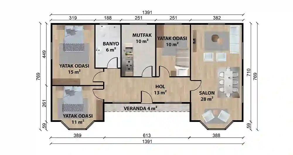 Tek Katlı 98 m² Prefabrik Ev
